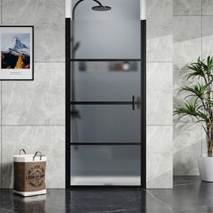 a bathroom with a glass shower door next to a potted plant and pictures on the wall