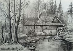 a drawing of a house by the water