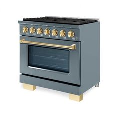 an oven with two burners and gold knobs on the front, against a white background