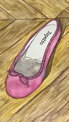 "Signed and Matted Giclee Print of Original Watercolor Painting of Hot Pink Repetto Ballet Flat A giclee print, or fine art print, is an archival print that uses high-quality pigment-based inks and acid-free fine art paper.  Matted Size (exterior dimensions) : 11\" x 14\" Reference photograph by Frederique Veysset, from the book Paris Street Style Shoes." Repetto Ballet Flats Pink, Pink Repetto, Ballet Shoe Painting, Pink Slip-on Flats, Pink Slip-on Flats With Flat Heel, Repetto Ballet Flats, Ballet Shoes Watercolor Painting, Street Style Shoes, Paris Street Style