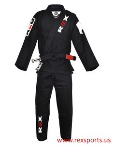 a black karate suit with red and white stripes