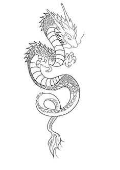 a black and white drawing of a dragon with its tail curled in the shape of a heart