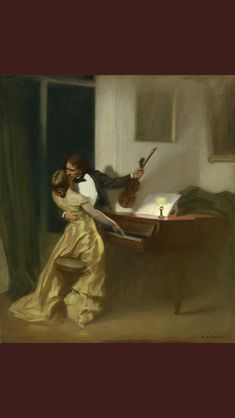 a painting of a man and woman dancing in front of a desk with a violin