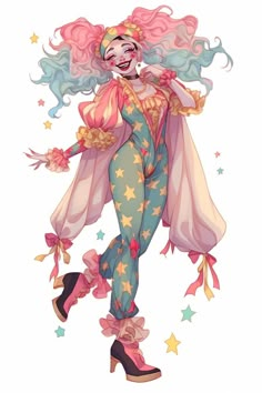 a drawing of a woman with pink hair and stars on her body, wearing a clown costume