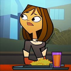 a cartoon woman is looking at food on the table