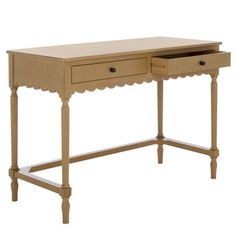 a wooden desk with two drawers on it's sides and an open drawer at the top