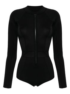 black stretch-design round neck tonal stitching front zip fastening long sleeves thigh-length Be mindful to try on swimwear over your own garments. Black Rashguard, Black Sport Outfit, Long Sleeve Bathing Suit Two Piece, Swimsuit Long Sleeve, Goth Swimwear, Goth Bathing Suit, Black Swimming Costume, Nike Swimsuit, Code Clothes