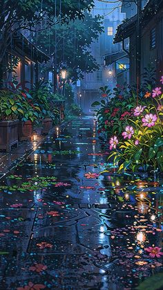 a rainy night with flowers and lights in the rain