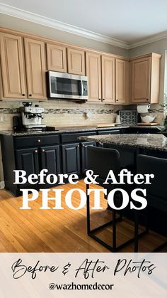 the before and after photos of a kitchen remodel with black cabinets, granite counter tops, and wood floors