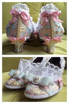 Marie Antoinette Costume Heels Shoes Rococo by HexHeartHollow Costume Carnaval, Rococo Fashion, Pink Snow, Costume Shoes, Decorated Shoes, Shoe Art, Historical Dresses, Lace Ruffle