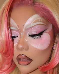 make up ideas with pink blond stripe skunk color wigs | SalonReadyWig Butterfly Makeup, Drag Make-up, Desain Buklet, Face Paint Makeup, Graphic Makeup, Smink Inspiration, Ethereal Makeup, Unique Makeup, Dope Makeup