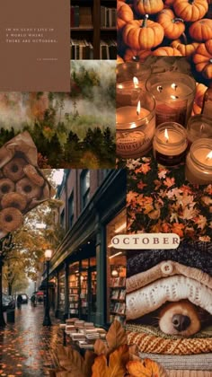 a collage of pictures with candles, pumpkins and other things in the background