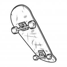 a black and white drawing of a skateboard with wheels on the bottom half of it