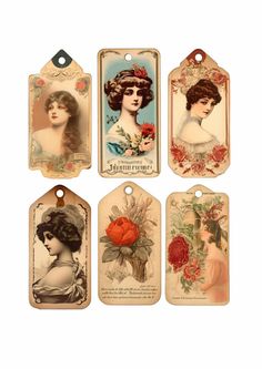 four tags with different designs on them, one has a woman's face and the other has flowers