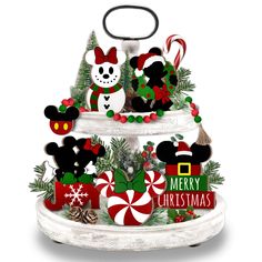 mickey and minnie mouse christmas tree ornament with candy canes, pepperminks, snowman