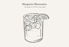 a drawing of a margarita in a glass with ice and lemon wedges on the rim