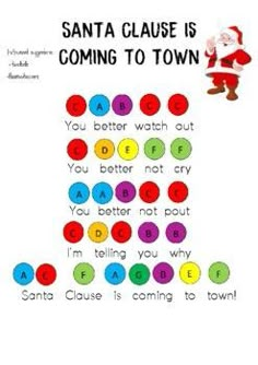 a santa clause is coming to town with letters and numbers on the front, along with an image of santa claus