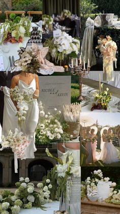 a collage of photos with flowers and wedding gowns on display in the foreground