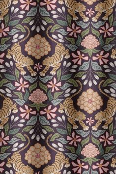 an intricately designed wallpaper with flowers and leaves on dark purple, green, yellow and red colors