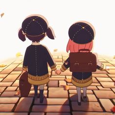 two people walking down a brick road holding hands