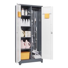 an open storage cabinet with various items in it