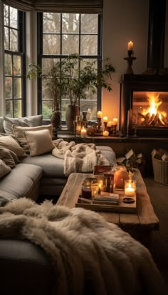 a living room filled with furniture and candles