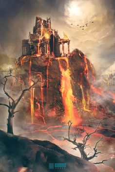 Fire World Fantasy Art, Fire Fantasy World, Fantasy Fire Kingdom, Volcano Castle, Fire Castle, Underworld Aesthetic, Fire Kingdom, Kingdom Landscape, Server Ideas