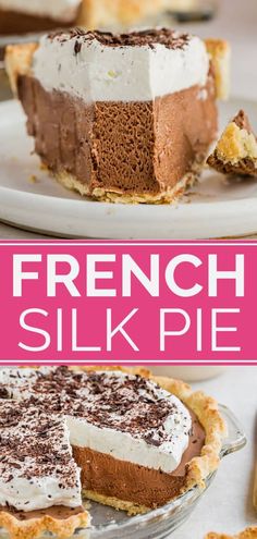 french silk pie on a plate with one slice missing