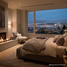 a bedroom with a large window and a view of the city at night from it's bed