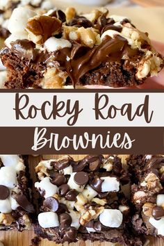 rocky road brownies with marshmallows and chocolate chips on top are shown