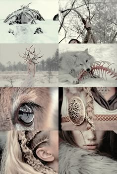 a collage of photos with an animal, woman and other things in the background