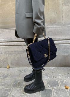 Lug Sole Boots, White Shirts Women, Blue Tweed, Outfit Look, Chunky Boots, Equestrian Style, Chanel Bags