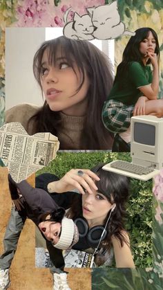 a collage of photos with different people and flowers on them, including an old computer