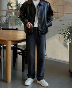 Aesthetic White Outfits Men, Leather Jacket Outfit Inspo Aesthetic, Men Leather Jacket Outfit Casual, Black Jacket Outfit Mens Casual, Men Black Leather Jacket Outfit, Starboy Men Outfit, Aesthetic Jackets Men, Man Leather Jacket Outfit, Starboy Fashion Men