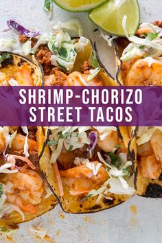 shrimp - chorizo street tacos with lime wedges