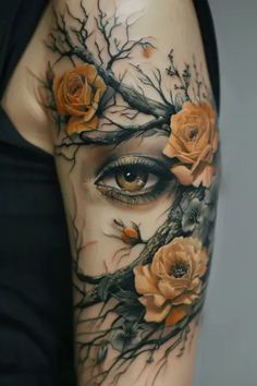 a woman's face with roses and branches on her arm, as if it were in the form of an eye