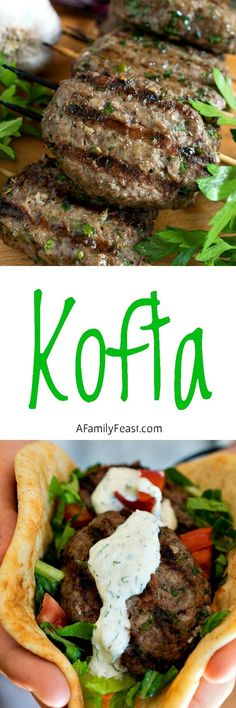 two pictures with the words kofta on them and an image of burgers