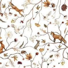 a watercolor painting of foxes and birds on branches