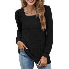 TEMOFON Long Sleeve Tops for Women Square Neck Tshirts Loose Fit Casual Fall Winter Shirts. The women's blouse is a versatile and comfortable piece of clothing designed for everyday wear. It is lightweight, stretchy, and breathable, ensuring maximum comfort throughout the day. With a chic square neckline, puff sleeves, and loose fit, this long-sleeved tunic top can be paired with leggings or skinny jeans, making this winter tunic top perfect for various occasions. This tunic top is a stylish and Puff Sleeve Blouses, Winter Tunic, Women Fall Tops, Fall Sweaters For Women, Crewneck Sweatshirt Women, Casual Leggings, Fall Tops, Tunic Tops Casual, Loose Fit Shirts