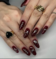 Red And Silver Nails, Vampy Nails, Red Chrome Nails, Red Nail Art Designs, Silver Nail Designs, Silver Nail Art, Dark Red Nails, Red Nail Art