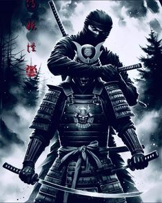 the samurai is holding two swords in his hands