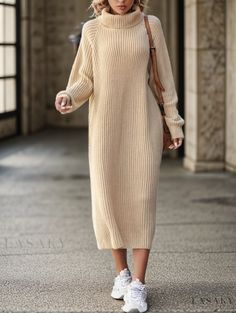 Lasaky - Long-Sleeved Knitted Turtleneck Sweater Dress for Winter, Loose Fit, Knee-Length, Perfect for Casual, Layered or Standalone Long Knit Dress, Casual Turtleneck, Long Knitted Dress, Ribbed Sweater Dress, Long Sweater Dress, Acrylic Fiber, Valerian, Casual Stylish, American People