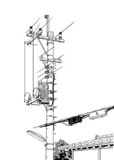 a black and white drawing of an electric pole