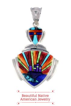 #NativeAmericanJewelry David Rosales, the master inlay artist, designed this beautiful Navajo pendant. It features #Turquoise, lapis, spiny oyster shell, sugilite, and gaspeite all inlaid in sterling silver. Weird Jewelry, Metalsmithing Jewelry, Jewelry Artist, Spiny Oyster, Indian Summer