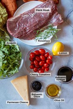 the ingredients to make this dish include meat, tomatoes, lettuce, cherry tomatoes, parmesan cheese and olives