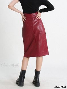 Olivia Mark - Vintage High-Waist Red Leather Skirt with Chic Tote Design Red Lined Skirt For Fall, Red Midi Pencil Skirt For Work, High Waist Lined Pencil Skirt For Fall, Chic Red Knee-length Mini Skirt, Red Pleated Skirt For Fall, Red Knee-length Bottoms For Fall, Fall Solid Color Pencil Skirt, Red High Waist Lined Pencil Skirt, High Waist Red Lined Pencil Skirt