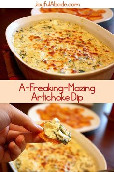 a hand holding a piece of bread over a bowl of artichoke dip