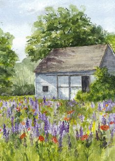 a painting of an old house in the middle of a field with wildflowers