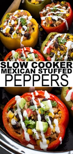 mexican stuffed peppers in a slow cooker with text overlay that reads slow cooker mexican stuffed peppers