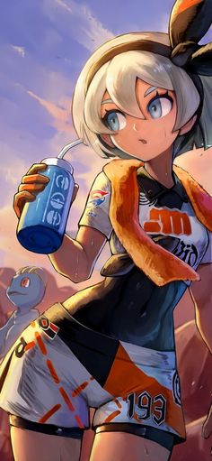 an anime character holding a can and wearing a bandana with her hair in pigtails